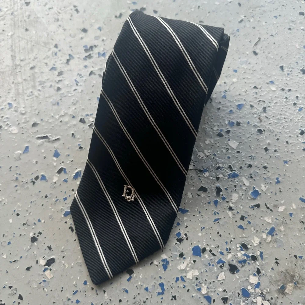 Christian Dior Mens Tie Black Silver Diagonal Stripe Silk Blend Logo Necktie